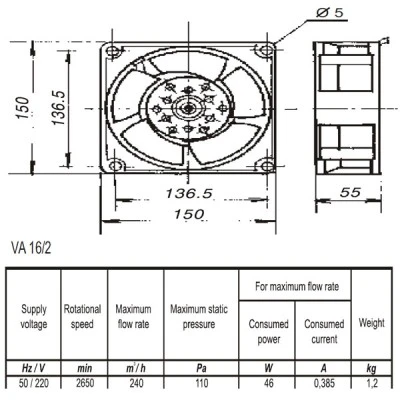 Αξονικός ανεμιστήρας πολυαμιδίου 150x150mm VA 16/2 46W 240m³/h για υψηλές θερμοκρασίες