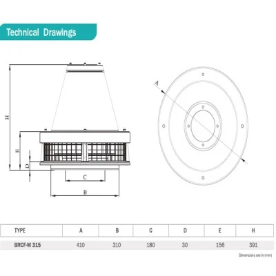 Εξαεριστήρας στέγης Bahcivan BRCF-M 185W Φ315mm 1800m³/h  2730rpm κατάλληλο για υψηλές θερμοκρασίες