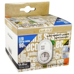 Πρίζα σούκο 3000k θερμό φως 12lm 5V 2.1A με δύο θύρες USB και φωτοκύτταρο νυκτός