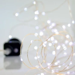 100 mini LED διακοσμητικά λαμπάκια με μετασχηματιστή, 8 προγράμματα, ασημί χάλκινο καλώδιο, λευκό φως ανά 10cm, παροχή 5m IP44