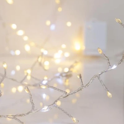 300 mini led CLUSTER σε σειρά θερμό λευκό φως με πρόγραμμα snowfall, 4,5V μετασχηματιστή & ασημί χάλκινο καλώδιο IP44