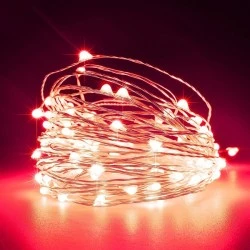100 mini led λαμπάκια σειρά σε κόκκινο φως ανά 10cm, 4,5v μετασχηματιστή & ασημί χάλκινο καλώδιο IP44