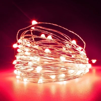 100 mini led λαμπάκια σειρά σε κόκκινο φως ανά 10cm, 4,5v μετασχηματιστή & ασημί χάλκινο καλώδιο IP44