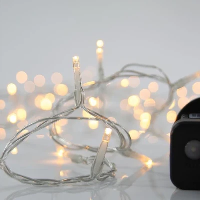 50 led λαμπάκια σε σειρά με θερμό φως 8 προγράμματα & μνήμη, διάφανο καλώδιο και 4,5v μετασχηματιστή IP44
