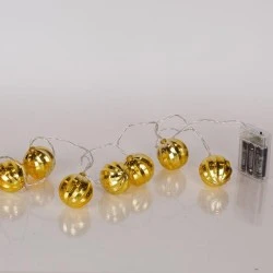 10 led χρυσή μπάλα πλαστική σε θερμό λευκό led ανά 15cm, μπαταρία 3xΑΑ με χρονοδιακόπτη & διάφανο pvc καλώδιο IP20