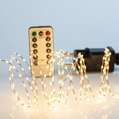 300 mini led σε σειρά θερμό λευκό φως με τηλεχειριστήριο (on/off, timer, dimmer) μετασχηματιστή & μπρονζε χάλκινο καλώδιο IP44