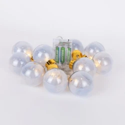 10 led σε σειρά διακοσμητικές μπάλες με ασημί ύφασμα, θερμό λευκό φως, μπαταρία 3xAA, χρονοδιακόπτη & διάφανο pvc καλώδιο IP20