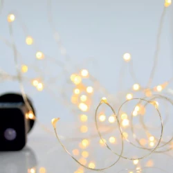 100 mini LED διακοσμητικά λαμπάκια με μετασχηματιστή και 8 προγράμματα, ασημί χάλκινο καλώδιο, θερμό λευκό φως ανά 10cm, παροχή 5m IP44