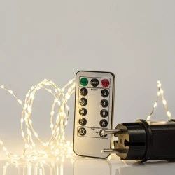 300 mini led σε σειρά θερμό λευκό φως με τηλεχειριστήριο (on/off, timer, dimmer)  μετασχηματιστή & ασημί χάλκινο καλώδιο IP44