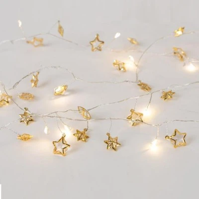 20 mini led με διακοσμητικά αστέρια λειτουργία μπαταρίας & χρονοδιακόπτη  θερμό λευκό χρώμα φωτός χάλκινο καλώδιο IP20