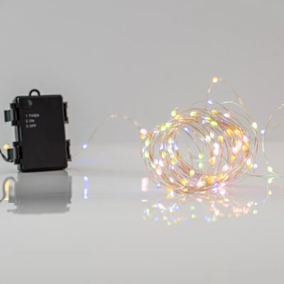 50 led σε σειρά πολύχρωμο& θερμό λευκό φως, 11 προγράμματα με μνήμη, μπαταρίας 3xΑΑ, χρονοδιακόπτη & ασημί χάλκινο καλώδιο IP44