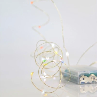 20 led λαμπάκια σε σειρά πολύχρωμο φως, μπαταρία 3xΑΑ,χρονοδιακόπτη & ασημί χάλκινο καλώδιο IP20