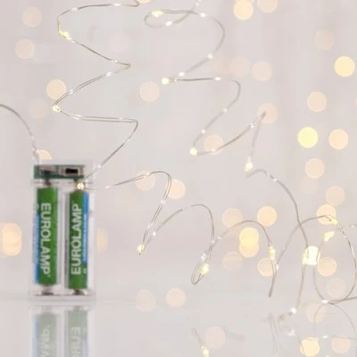 50 led λαμπάκια σε σειρά θερμό λευκό φως, μπαταρίας 3xΑΑ, χρονοδιακόπτη & ασημί χάλκινο καλώδιο IP20