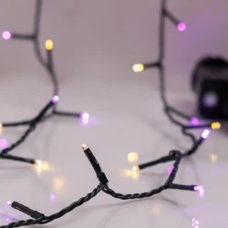 240 led με λαμπάκια σε σειρά θερμό λευκό & μωβ με 8 προγράμματα & μνήμη, μετασχηματιστή 31V & πράσινο pvc καλώδιο IP44