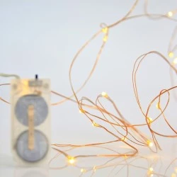 12 mini led λαμπάκια σε θερμό λευκό φως, μπαταρίας 2xcr2032 & μπρονζε χάλκινο καλώδιο IP20