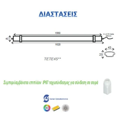 Led γραμμικό φωτιστικό 1560mm 45W 4000k ενδιάμεσο λευκό φως 230VAC 3940lm χωρίς διακόπτη