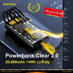 Power Bank PATONA Clear 2.0 20000mAh 22.5W με ενσωματωμένα καλώδια και οθόνη LED 135x68x42mm