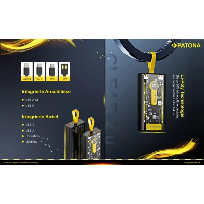 Power Bank PATONA Clear 2.0 20000mAh 22.5W με ενσωματωμένα καλώδια και οθόνη LED 135x68x42mm Power Bank PATONA Clear 2.0 20000mAh 22.5W με ενσωματωμένα καλώδια και οθόνη LED 135x68x42mm