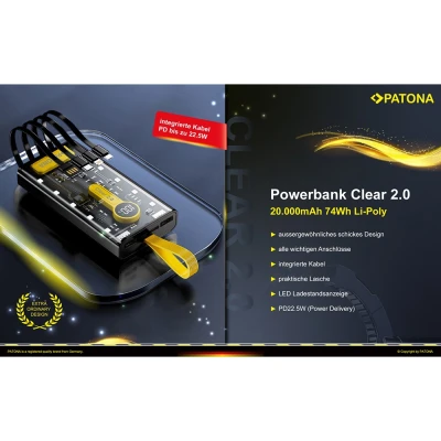 Power Bank PATONA Clear 2.0 20000mAh 22.5W με ενσωματωμένα καλώδια και οθόνη LED 135x68x42mm Power Bank PATONA Clear 2.0 20000mAh 22.5W με ενσωματωμένα καλώδια και οθόνη LED 135x68x42mm