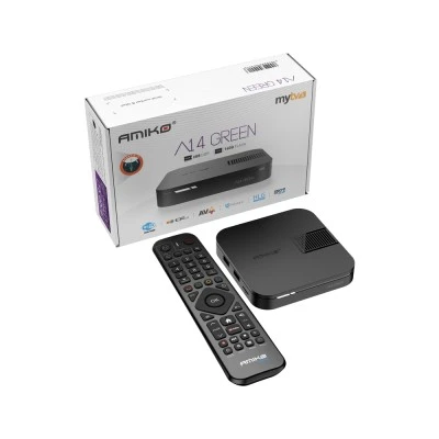 Δέκτης IPTV TV Box AMIKO A14 GREEN Amlogic S905Y5 2GB RAM 16GB Flash Android 14 4K UHD MyTV3 Dual WiFi