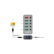 Hub DELOCK 5x USB με διακόπτες USB 3.2 Gen 1 5Gbps 2.4A γκρι με φωτισμό LED στις θύρες USB
