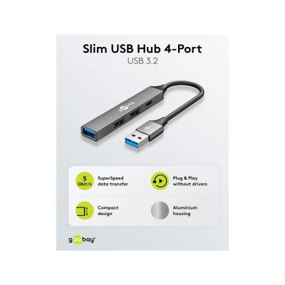GOOBAY USB hub 74458, 4x θυρών, USB 3.2, 5Gbps, USB σύνδεση, γκρι