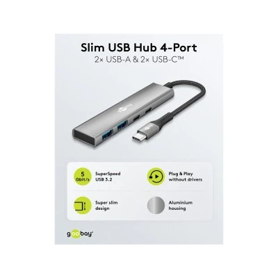 GOOBAY USB hub 76563, 4x θυρών, USB 3.2, 5Gbps, USB-C σύνδεση, γκρι