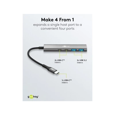 GOOBAY USB hub 76563, 4x θυρών, USB 3.2, 5Gbps, USB-C σύνδεση, γκρι