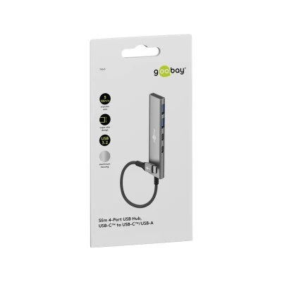 GOOBAY USB hub 76563, 4x θυρών, USB 3.2, 5Gbps, USB-C σύνδεση, γκρι