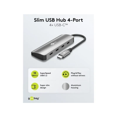 GOOBAY USB hub 76565, 4x θυρών, USB 3.2, 10Gbps, USB-C σύνδεση, γκρι