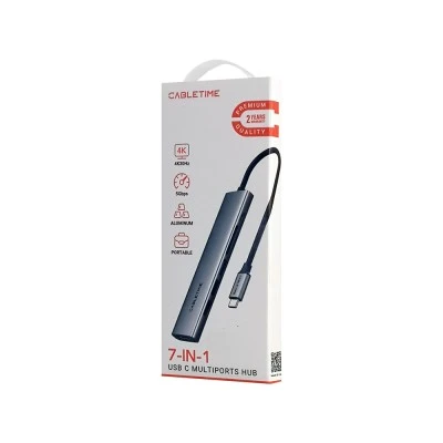 CABLETIME docking station CT-HBP2-AG7, 7 θυρών, USB-C, 4K, 100W, γκρι