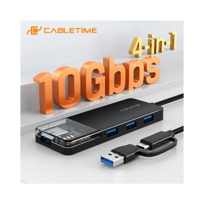 CABLETIME USB hub CT-HUBT5-PB, 4x θυρών, 10Gbps, USB/USB-C σύνδεση, μαύρο