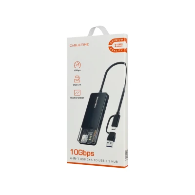 CABLETIME USB hub CT-HUBT5-PB, 4x θυρών, 10Gbps, USB/USB-C σύνδεση, μαύρο
