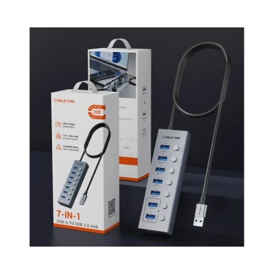 CABLETIME USB hub CT-HUBU7-AG, 7x θυρών, 5Gbps, USB σύνδεση, 1m, γκρι
