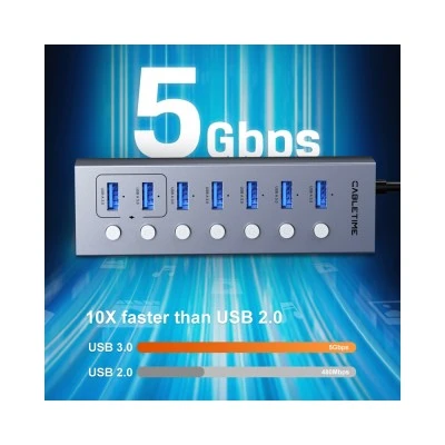 CABLETIME USB hub CT-HUBU7-AG, 7x θυρών, 5Gbps, USB σύνδεση, 1m, γκρι