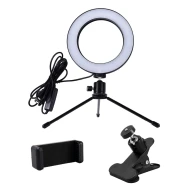 Φωτιστικό δαχτυλίδι CABLETIME LED CT-LRL6-PB με μίνι τρίποδα & σφιγκτήρα, βάση smartphone, Φ16cm