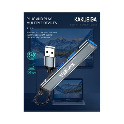 KAKUSIGA USB hub KSC-1416, 4x θυρών, USB 3.0, 5Gbps, USB σύνδεση, γκρι