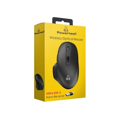 POWERTECH ασύρματο ποντίκι PT-1152, USB & USB-C δέκτη, 1600DPI, μαύρο