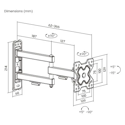 POWERTECH επιτοίχια βάση τηλεόρασης PT-1279, 13-32", έως 20kg, full motion
