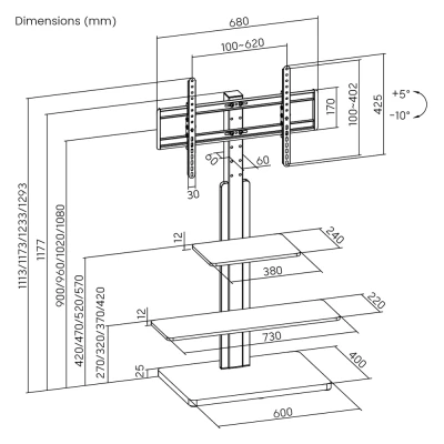 POWERTECH βάση τηλεόρασης δαπέδου PT-1422, 32-75", έως 40kg, με ράφια