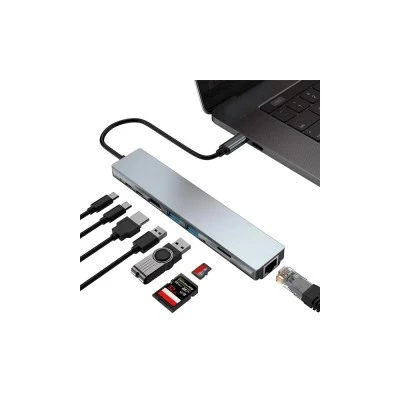 POWERTECH docking station PT-1536, 8 θυρών, USB-C σύνδεση, 87W PD, 100Mbps, γκρι