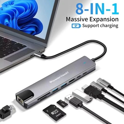POWERTECH docking station PT-1537, 8 θυρών, USB-C σύνδεση, 100W PD, 1000Mbps, γκρι POWERTECH docking station PT-1537, 8 θυρών, USB-C σύνδεση, 100W PD, 1000Mbps, γκρι