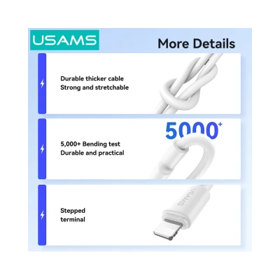 USAMS καλώδιο Lightning σε USB SJ762, 2.4A 12W, 480Mbps, 1m, λευκό