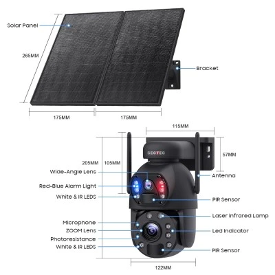 Smart ηλιακή κάμερα SECTEC ST-598-6M-4G-20W-EU με dual lens, ανάλυση 3MP, 20x zoom, 4G, περιστροφή PTZ και υποστήριξη SD