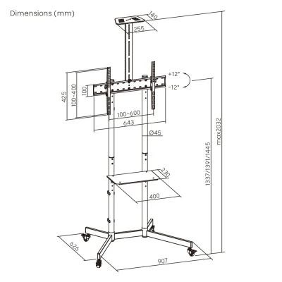 BRATECK βάση τηλεόρασης δαπέδου T1042T, 37-70", έως 45kg, με ράφια & ροδάκια