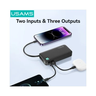 USAMS power bank CD225 με καλώδιο Lightning, 2x θύρες εξόδου, 10000mAh, 20W, λευκό