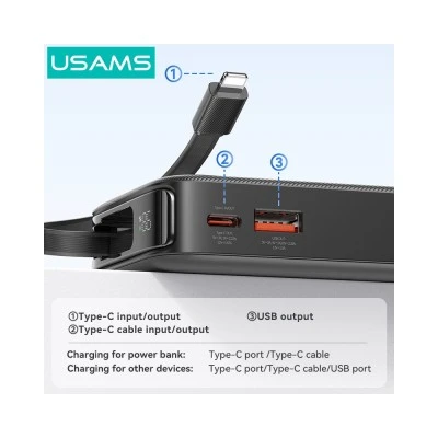 USAMS power bank CD225 με καλώδιο Lightning, 2x θύρες εξόδου, 10000mAh, 20W, λευκό