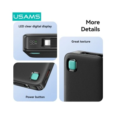 USAMS power bank CD225 με καλώδιο Lightning, 2x θύρες εξόδου, 10000mAh, 20W, λευκό
