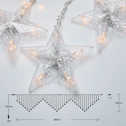 Κουρτίνα 222 LED 5mm με αστέρια, 31V μετασχηματιστή, θερμό λευκό 2700-3000K, διάφανο καλώδιο PVC, IP44, 100x360cm