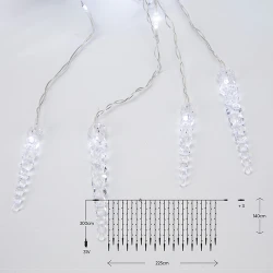 Κουρτίνα LED 176x 5mm με σταλακτίτες, 31V μετασχηματιστής, διάφανο καλώδιο PVC, λευκό 6000-6500K, IP44, 140x225cm